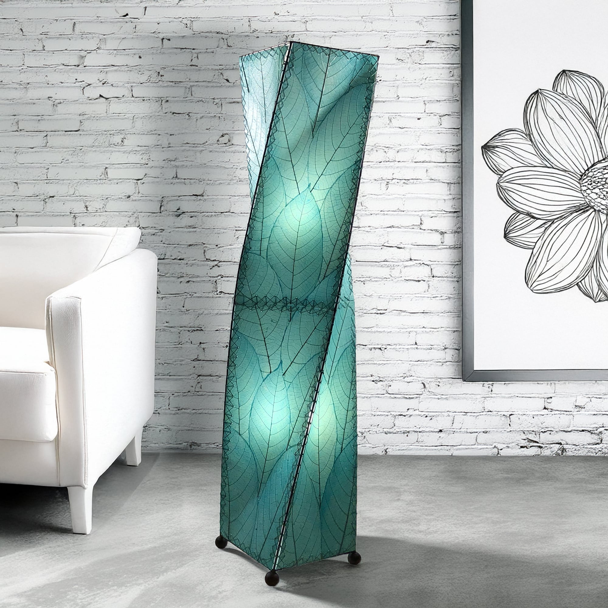 Sea Blue Twist Large Floor Lamp by Eangee Home Design - sculptural curve tower in blue cocoa leaves and abaca; handmade lamp radiates calming coastal light accents.