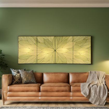 Sunburst Panel Wall Lamp in green by Eangee, real cocoa leaf panels radiating above a leather sofa