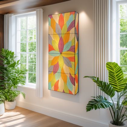 Sunburst Panel Wall Lamp in multicolor by Eangee, vertical trio of vibrant cocoa leaf panels brightening a sunlit room