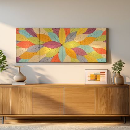 Sunburst Panel Wall Lamp in multicolor by Eangee, wide statement piece of real cocoa leaves mounted above a wood credenza