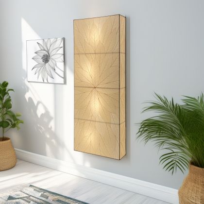 Sunburst Panel Wall Lamp in natural beige by Eangee, tall vertical cocoa leaf panels softly lighting a minimalist hallway