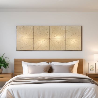 Sunburst Panel Wall Lamp in natural beige by Eangee, handmade from real cocoa leaves, glowing above a modern bed