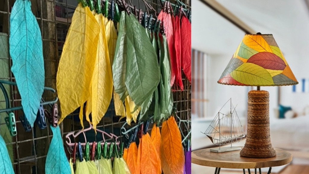 Side-by-side image showing colorful fossilized leaves drying on racks during the handmade process and a finished Eangee lamp crafted from those leaves, displayed on a wooden table with a woven base and leaf-patterned shade.