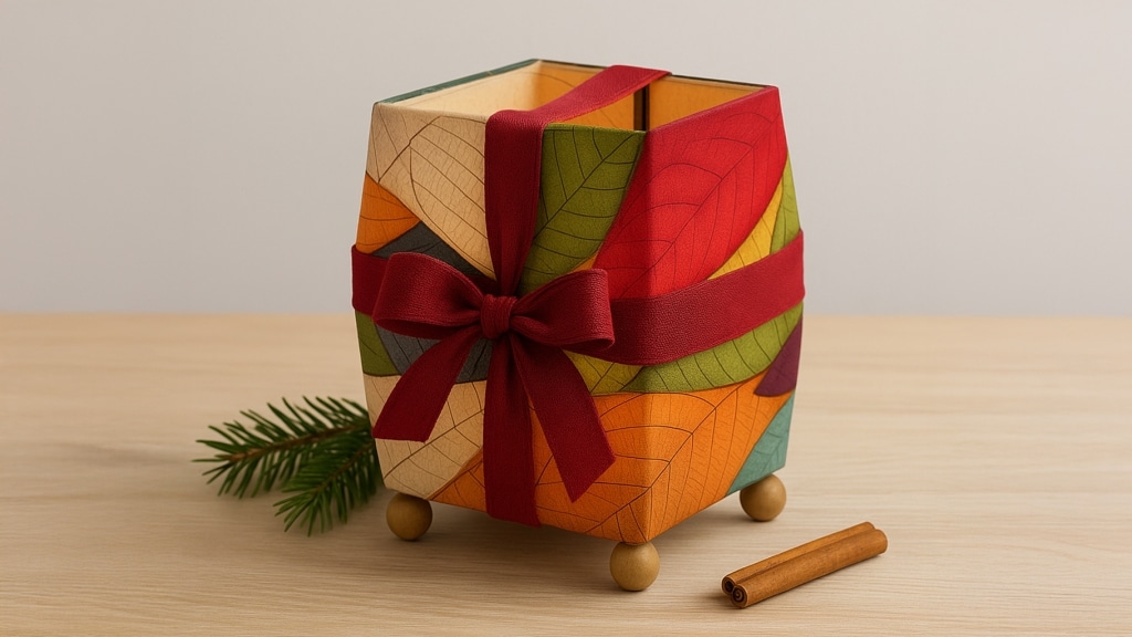Eangee Mini Square Lamp made from colorful fossilized leaves, wrapped with a cranberry linen ribbon and small bow, sitting on a light wood tabletop with pine and cinnamon accents in bright natural daylight, styled for a handmade holiday gift scene.