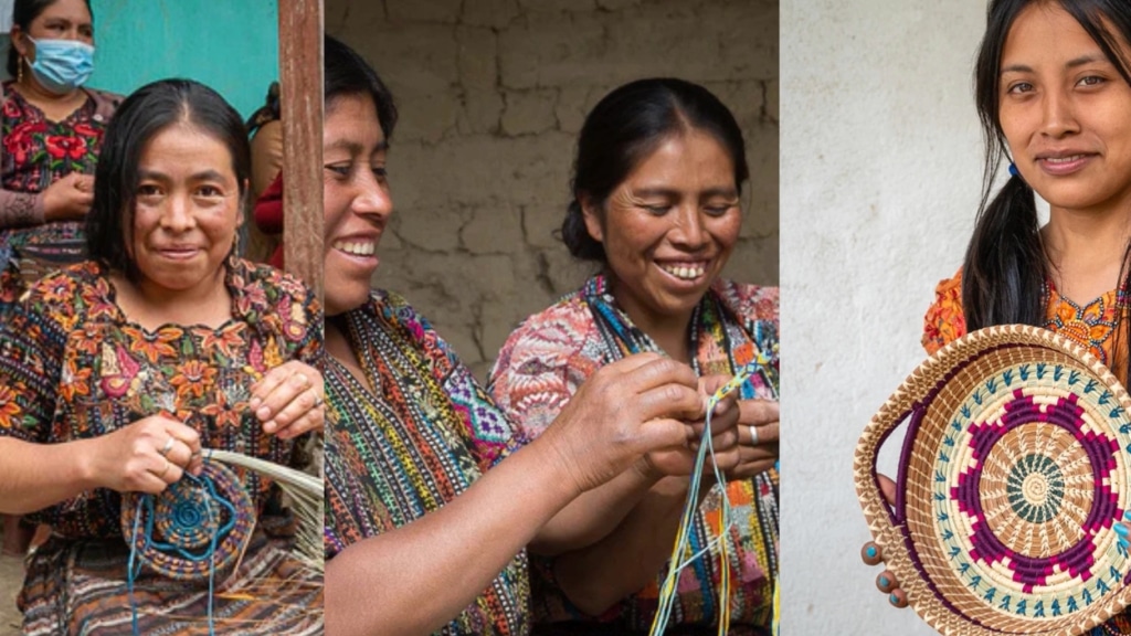 Guatemalan artisans weaving colorful handmade baskets and smiling as they work together, showcasing traditional craftsmanship and cultural artistry for Eangee Home Design’s handmade collection.