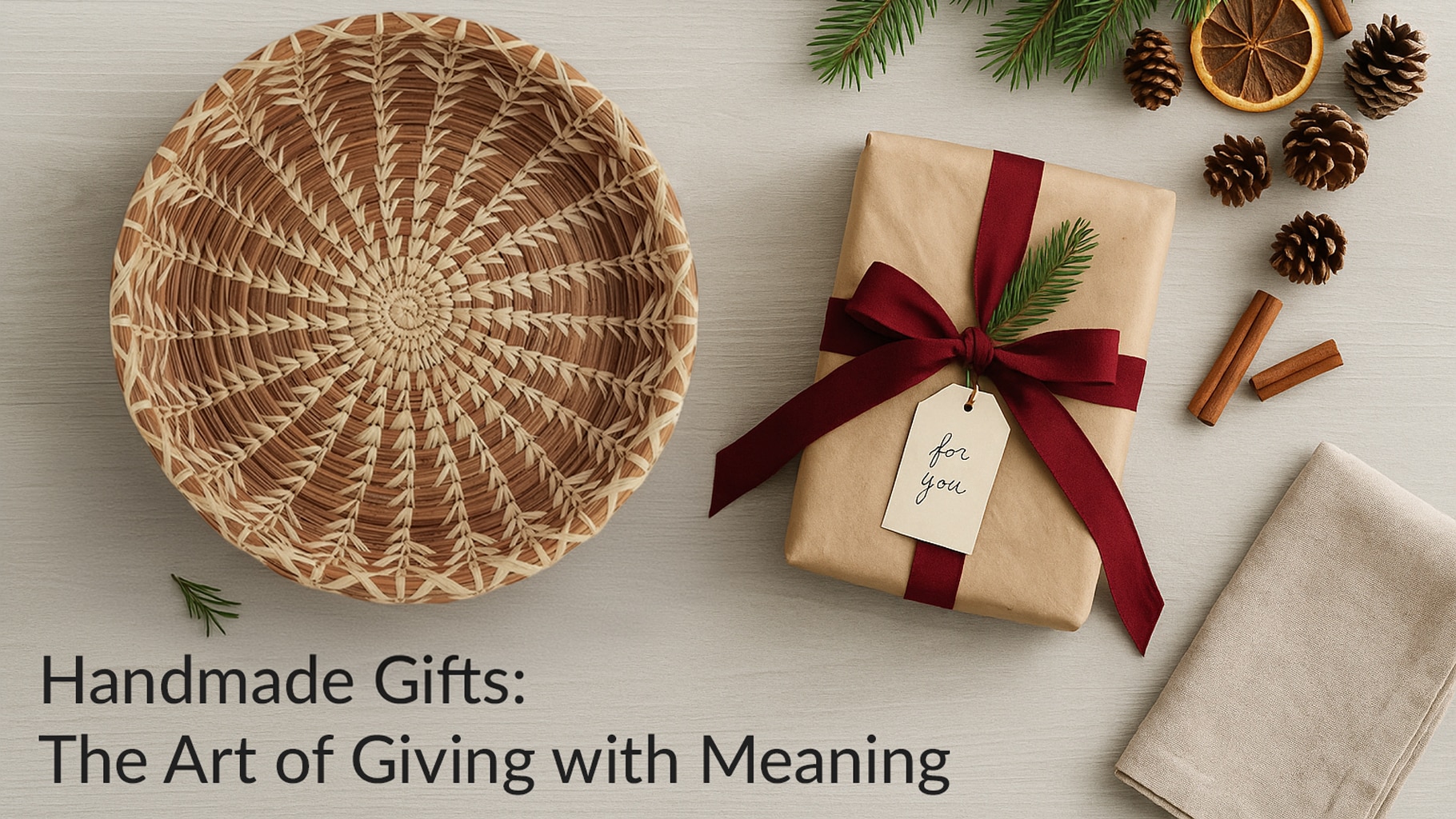 A woven basket, wrapped gift with a red ribbon and “for you” tag, pine sprig, pinecones, cinnamon sticks, and a folded napkin sit on a light surface. Text reads: “Handmade Gifts: The Art of Meaningful Giving.”.