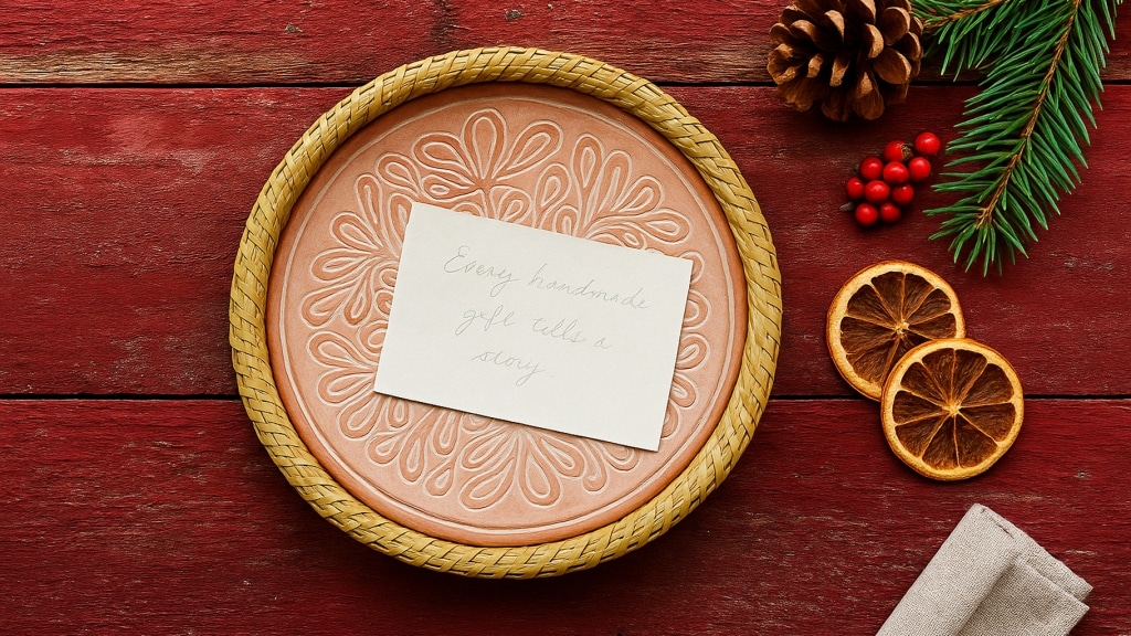 A decorative ceramic plate with a floral pattern holds a handwritten note reading Every handmade gift tells a story. Perfect for displaying handmade gifts, the plate rests on red wood, with pinecones, fir branches, berries, dried oranges, and a folded napkin around it.