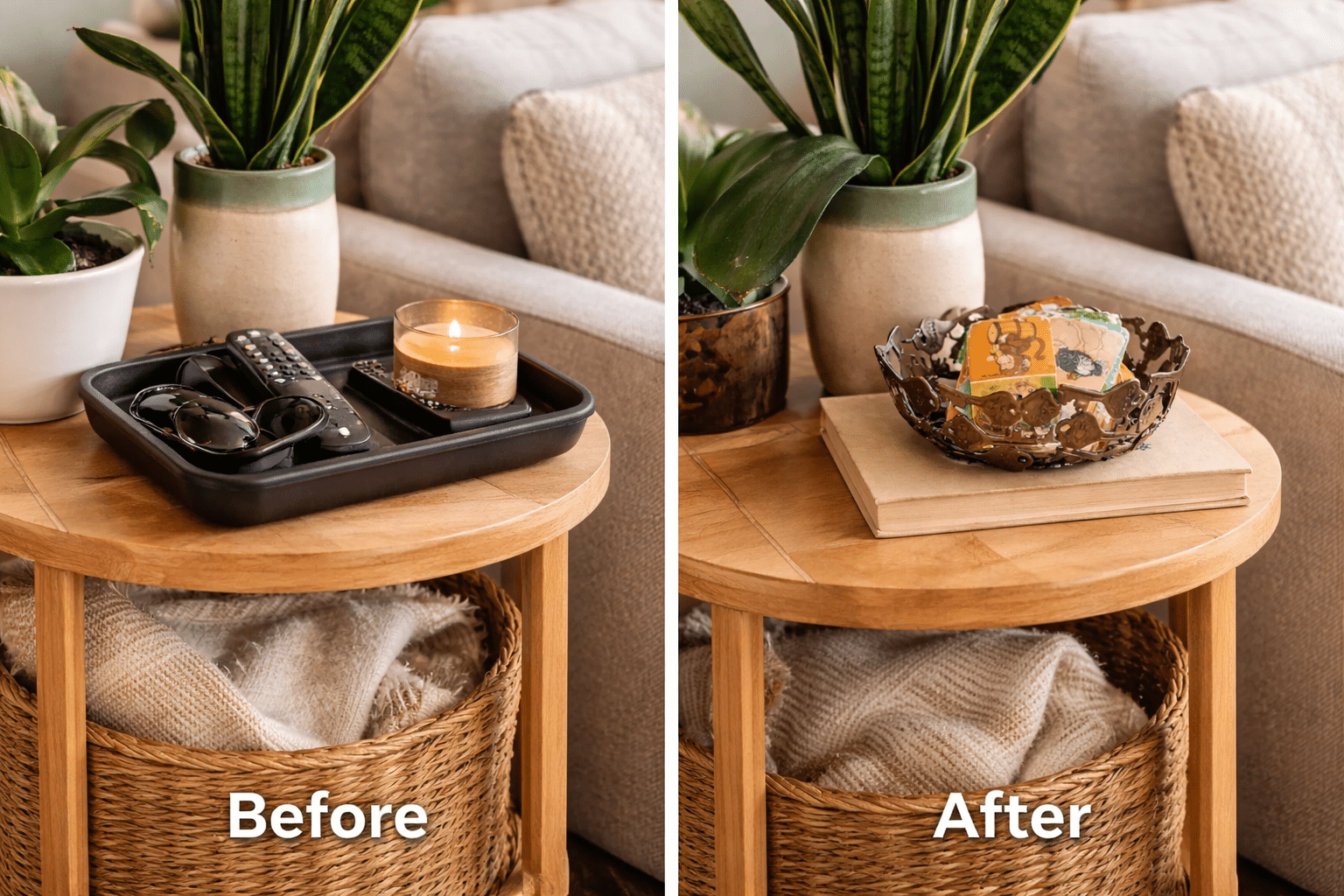 Before and after side table showing a temporary tray replaced by a handcrafted key bowl that creates a clear landing zone for everyday essentials