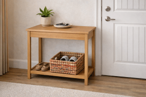 Woven basket by the front door creates a defined shoe drop zone and reduces entryway clutter
