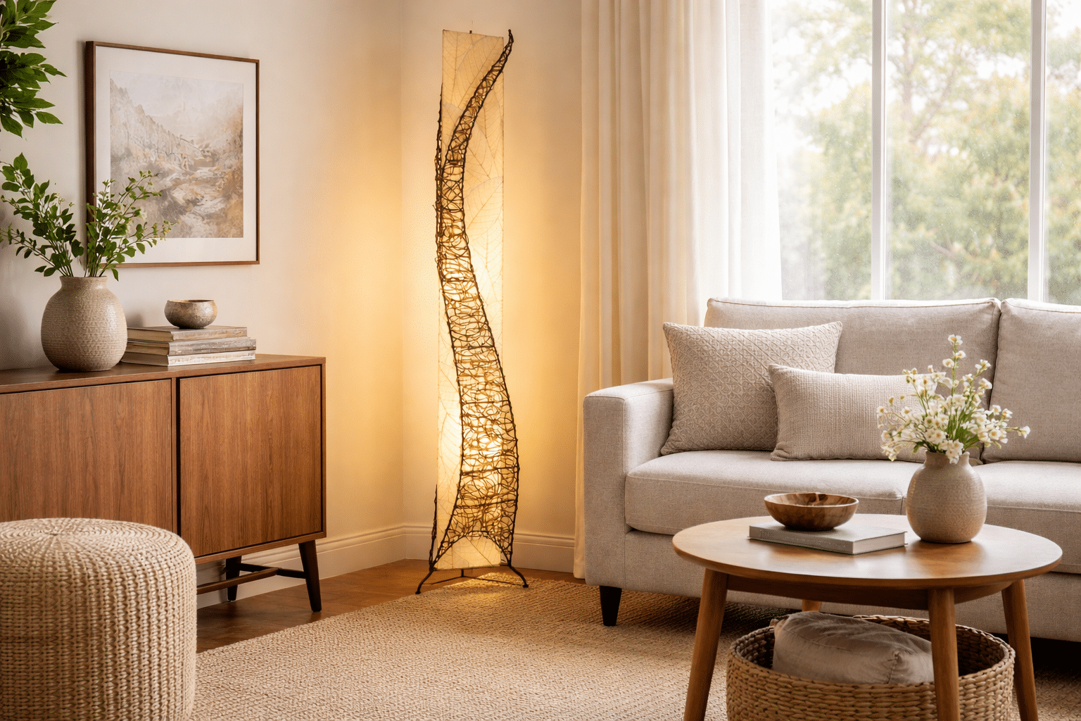 Sculptural Eangee floor lamp anchors a neutral living room and creates clear visual hierarchy with a calm focal point