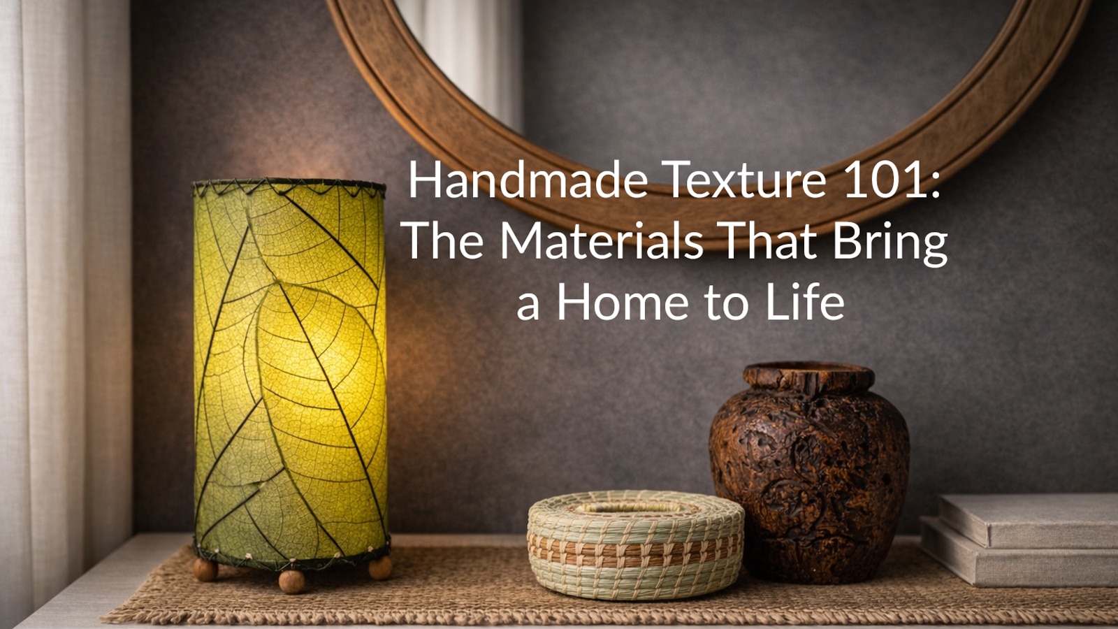 handmade texture vignette with cocoa leaf table lamp, woven basket, and carved wood vase on a white console