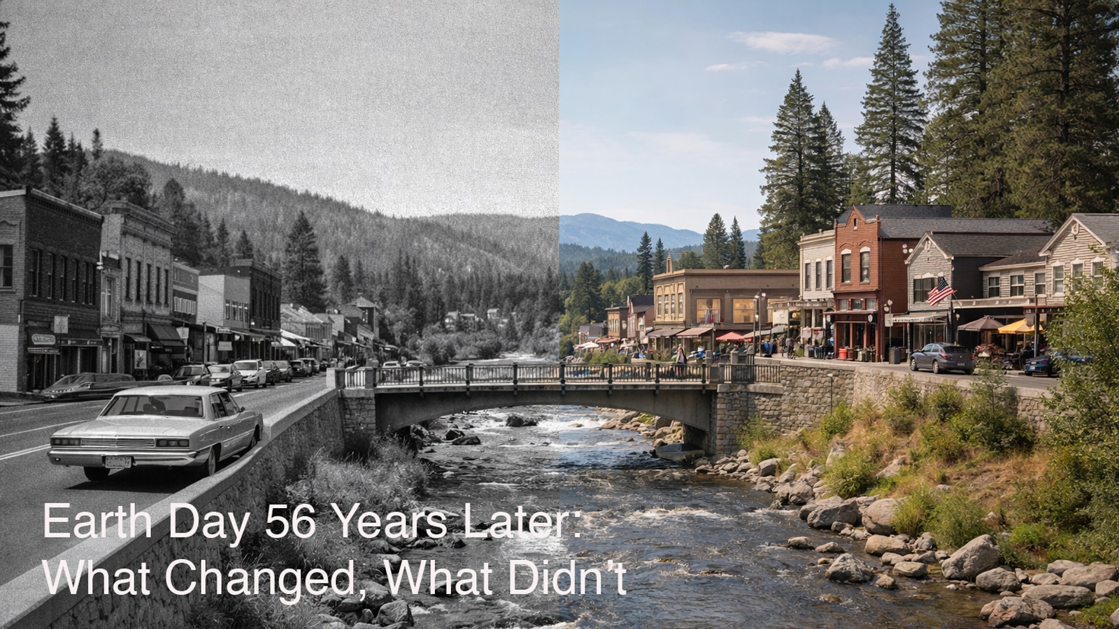 A split-image of a small town bridge contrasts the black-and-white 1960s scene with today’s color view. Earth Day 56 years later: What changed, what didn’t, is highlighted as vintage and modern cars pass familiar buildings.