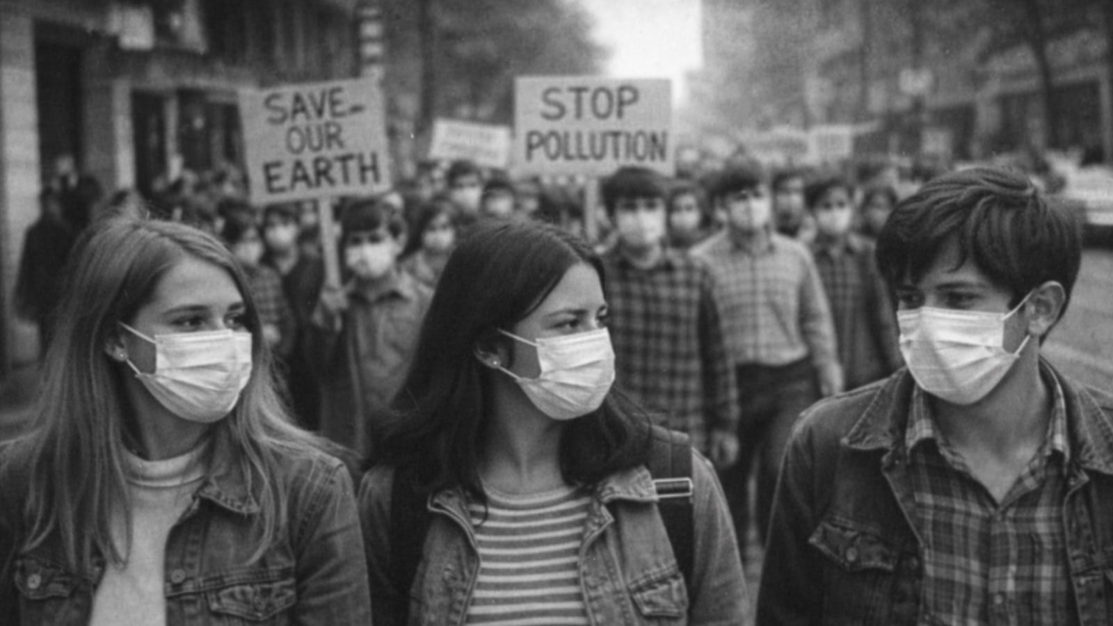 Earth Day 56 years later black-and-white image inspired by a first Earth Day march in 1970