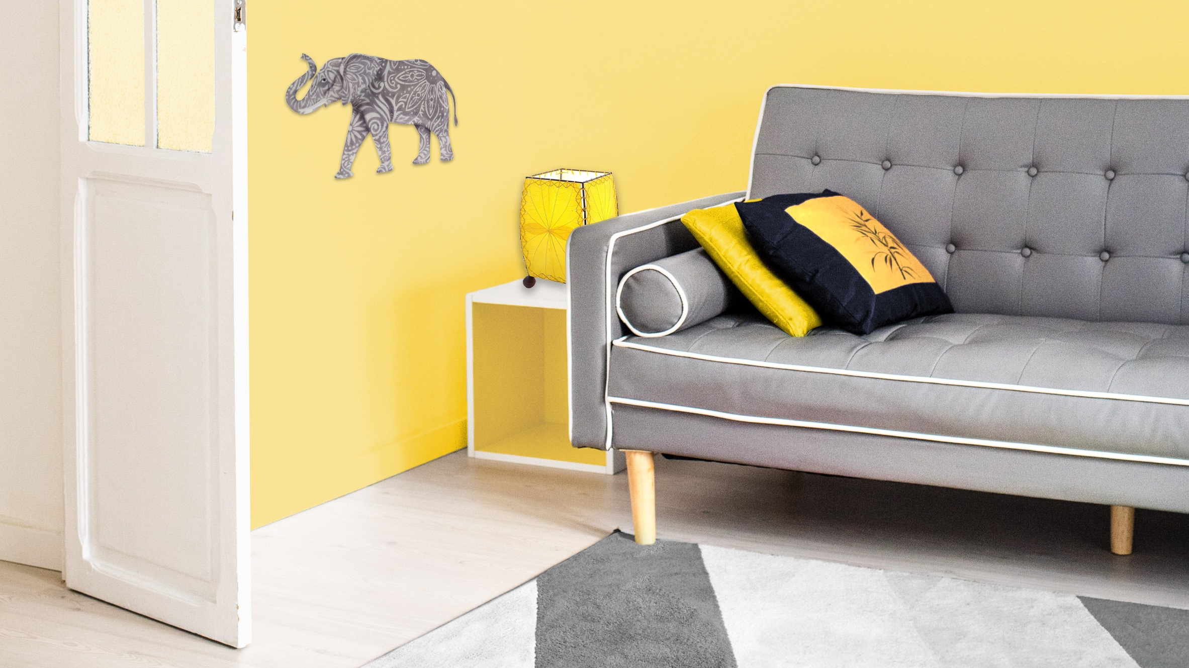 Living room with gray and yellow decor